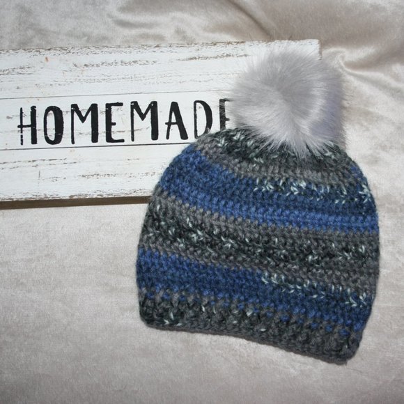 Vintagejelyfish Accessories - Blue and gray beanie with fur home handmade